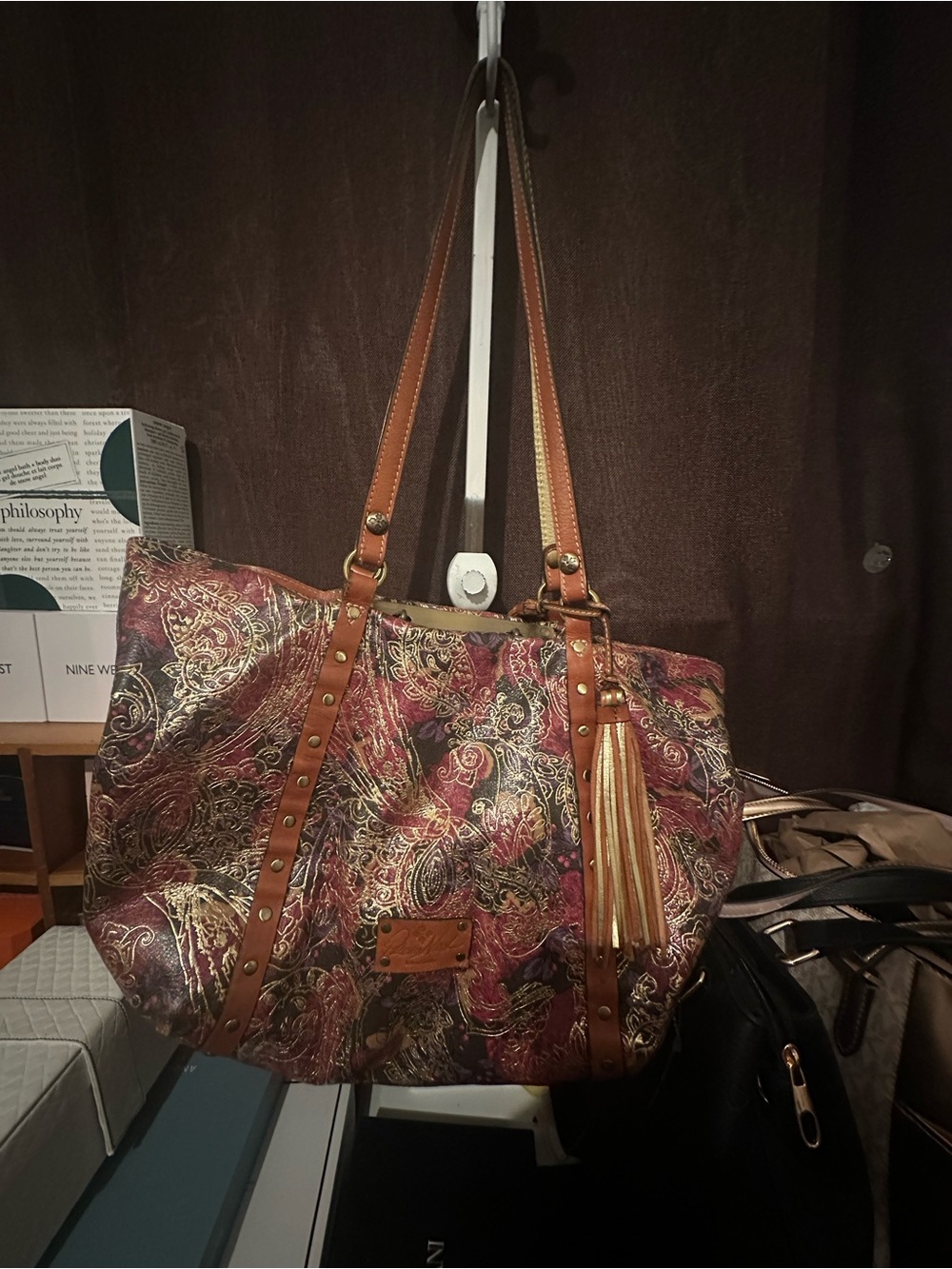 Patricia Nash Paisley Tote with Tassel in Burgundy and Tan - Picture 3 of 6